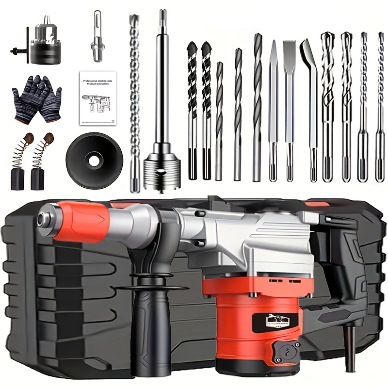 110V Heavy Duty Electric Hammer Drill Wired Electric Drill Industrial Grade Wall Removal Tool, Multi-Function Electric Hammer Impact Drill Rotary Hammer Drill for Concrete - Including Drill Chuck, Drill Bit, Flat Chisel, Pointed Chisel - Image 4