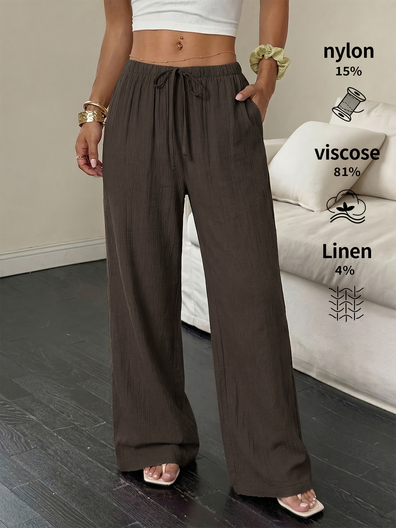 8408 Women'S Linen Palmir Pants Classic Summer Wide Leg Beach Pants with Pockets Casual Solid Color Soft Elastic High Waist Casual Pants Travel Vacation Bottoms Dating Brunch Home Work Streetwear Outer Wear - Image 3
