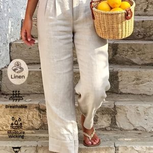 Women's Solid Color Pleated Casual Linen Capri Pants, Women's Casual Vacation Style Comfortable Linen Trousers