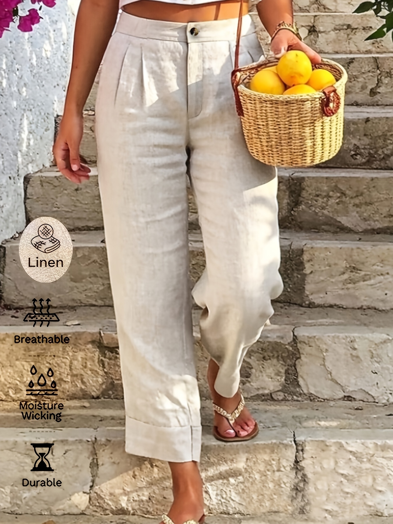 Women's Solid Color Pleated Casual Linen Capri Pants, Women's Casual Vacation Style Comfortable Linen Trousers