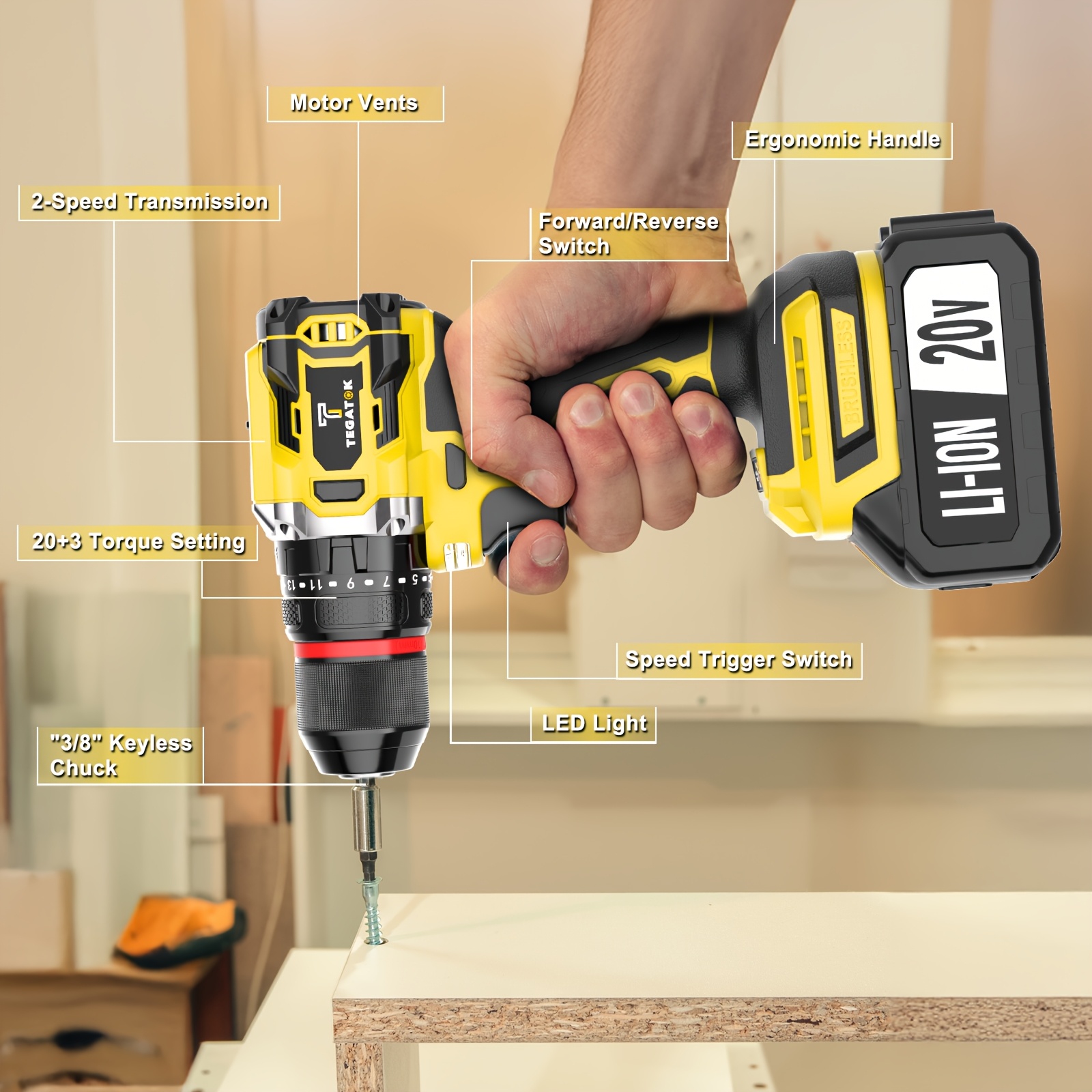 All-in-One 20V Brushless Power Tool Kit For Home - 4 Cordless Tools With 3 Batteries, Impact Wrench & Hammer Drill, Angle Grinder, Electric Drill, Combo For Renovation - Image 3