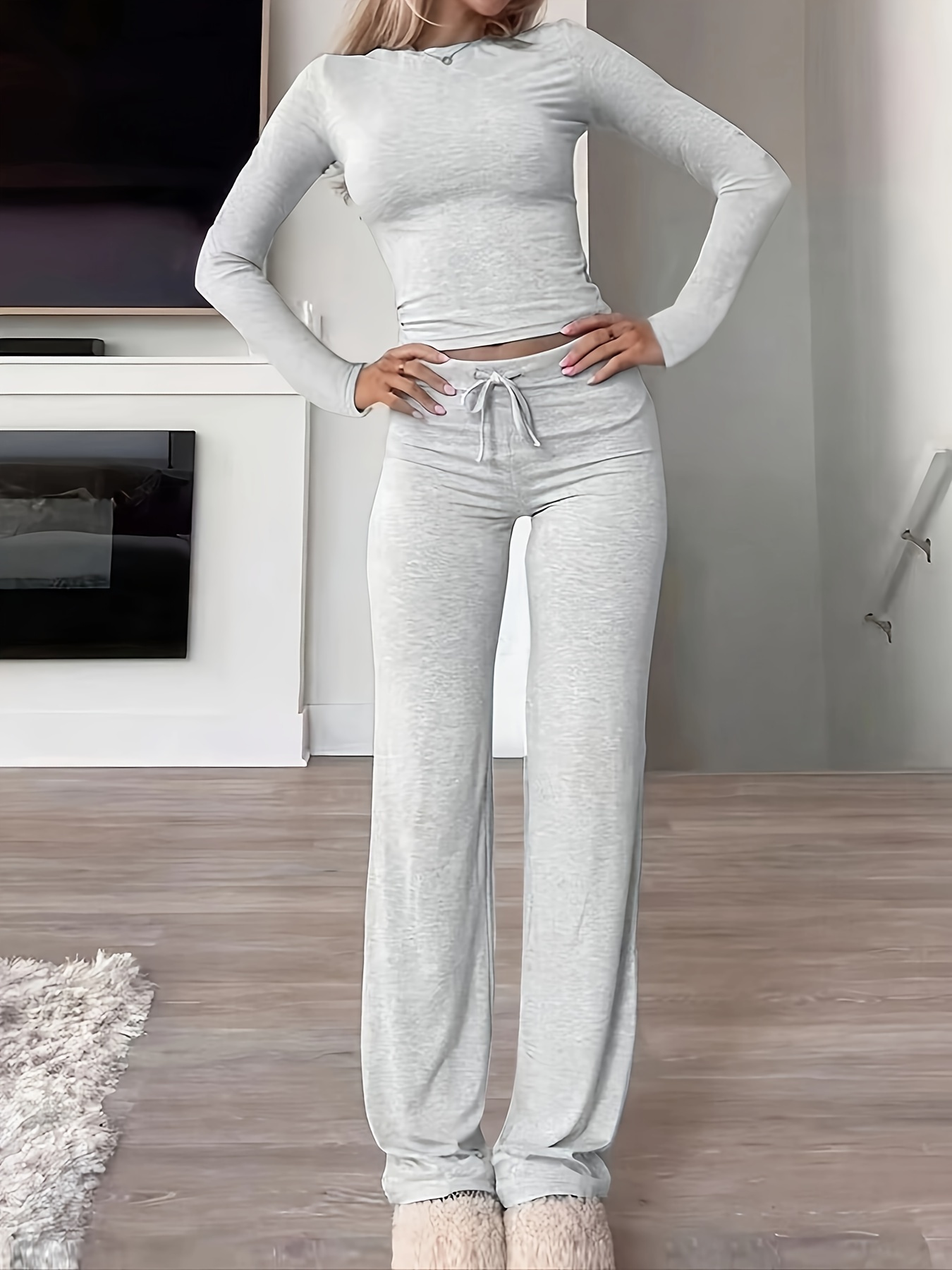 Kardashian-Inspired Modal Long Sleeve Ribbed Drawstring Home Wear Set