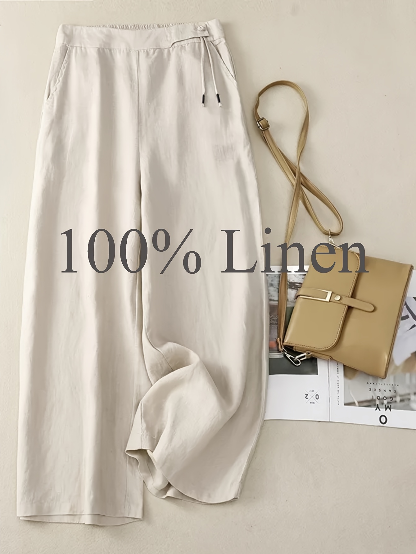 1pc of 100% Pure Linen Women's Wide-leg Pants, Elastic Belt Drawstring Loose Design, Breathable Sagging Design, Suitable for Summer Commuting - Image 2