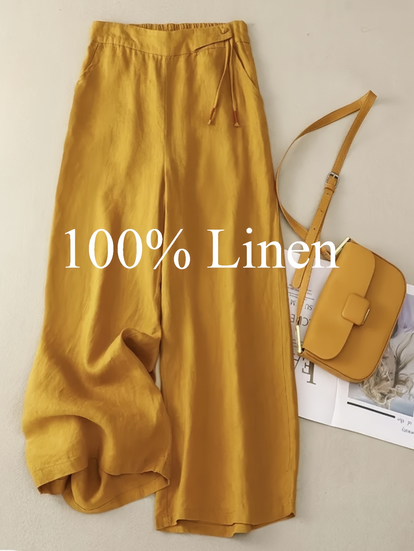 1pc of 100% Pure Linen Women's Wide-leg Pants, Elastic Belt Drawstring Loose Design, Breathable Sagging Design, Suitable for Summer Commuting - Image 3