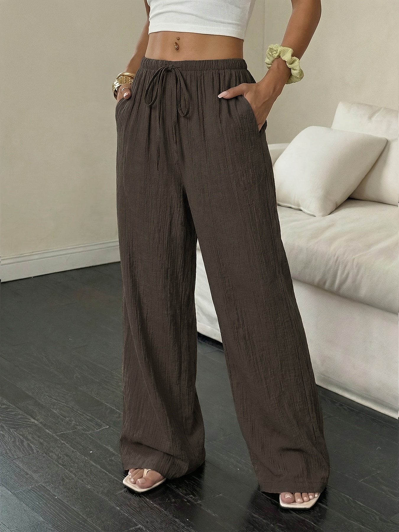 8408 Women'S Linen Palmir Pants Classic Summer Wide Leg Beach Pants with Pockets Casual Solid Color Soft Elastic High Waist Casual Pants Travel Vacation Bottoms Dating Brunch Home Work Streetwear Outer Wear - Image 6