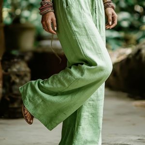 Women's Vintage Bohemian Solid Color Linen Pants, Spring/Summer Fashion Casual Versatile Trousers