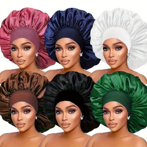 6pcs AWEGEO Women's Satin Bonnet with Elasticated Wide Brim - Breathable Sleep Cap Suitable for Travel, Spa, Daily Use | Elegant Hair Protection Hat, Spring/Fall Accessory