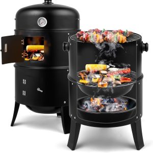 Vertical Charcoal Smoker Grill - 17-Inch 3-Tiers, Portable Zinc Alloy BBQ Grill with Temperature Control, 3 Cooking Levels & Griddle Top, Includes Handles Grates & Tongs, for Camping Backyard Outdoor Cooking, Compact Design, Durable Construction