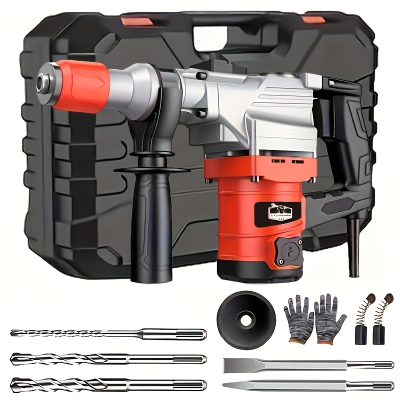 110V Heavy Duty Electric Hammer Drill Wired Electric Drill Industrial Grade Wall Removal Tool, Multi-Function Electric Hammer Impact Drill Rotary Hammer Drill for Concrete - Including Drill Chuck, Drill Bit, Flat Chisel, Pointed Chisel - Image 6