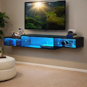 LED Lighting 59-inch TV Floating Entertainment Stand Corner Bracket Floating TV Stand With Wall Mount Bracket And Power Outlet Multi-Color/Blue LED Strip Black TV Stand Decorative Stand Vintage Brown/Black Suitable For Living Room, Bedroom