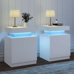 Living Room Side Table, Equipped With 16-color LED Light Strip, With A Cabinet, Easily Store Books, Alarm Clocks, Lamps, And Other Personal Items And Other Necessities, 17IN/White/2pcs, Ideal For Holiday Gifts