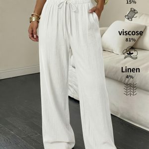 8408 Women'S Linen Palmir Pants Classic Summer Wide Leg Beach Pants with Pockets Casual Solid Color Soft Elastic High Waist Casual Pants Travel Vacation Bottoms Dating Brunch Home Work Streetwear Outer Wear