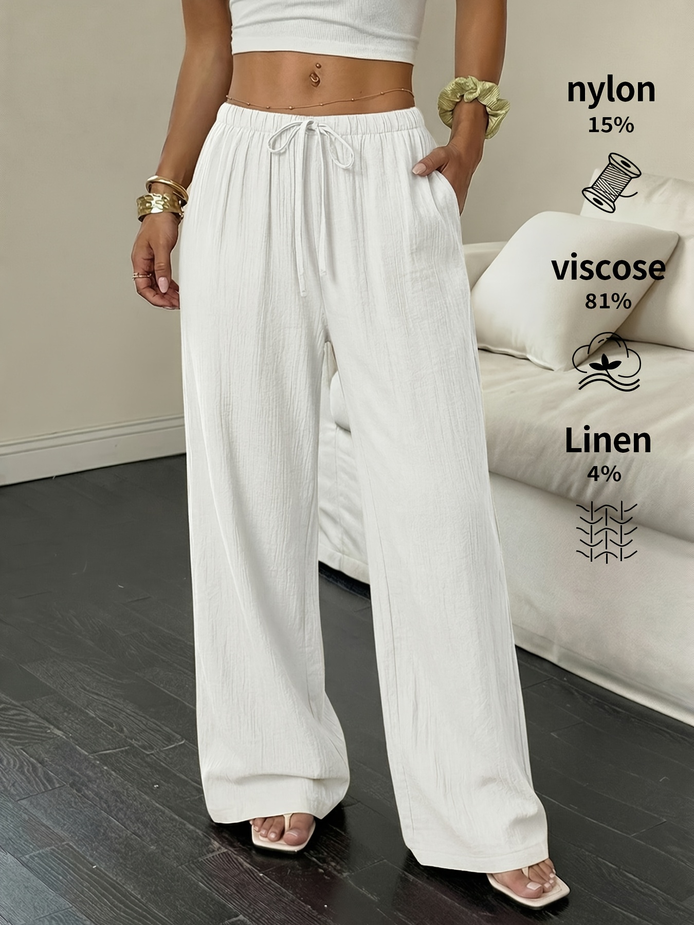 8408 Women'S Linen Palmir Pants Classic Summer Wide Leg Beach Pants with Pockets Casual Solid Color Soft Elastic High Waist Casual Pants Travel Vacation Bottoms Dating Brunch Home Work Streetwear Outer Wear