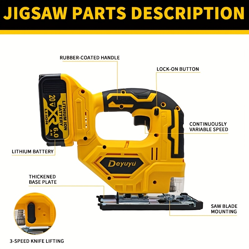 Deyuyu 3000RPM Brushless Cordless Jigsaw with LED Work Light for Dewalt 20V MAX Batteries(Batteries Not Included) 0°-45° Miter Cutting, 3 Track Settings for Straight/Curved/Bevel/Circular Cutting, Suitable for Home Improvement Use - Image 2