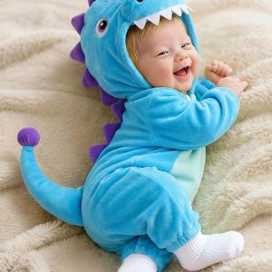 Autumn Winter Baby Warm Plush Romper, Cute Blue Purple Dinosaur Hooded Creeper with 3D Dorsal Fin Tail And Teeth Decoration, Unisex Blue Dinosaur Romper for Baby Outing Windproof Warm Bodysuit, Cute 3D Hooded Tail Warm Infant Crawling Outfit