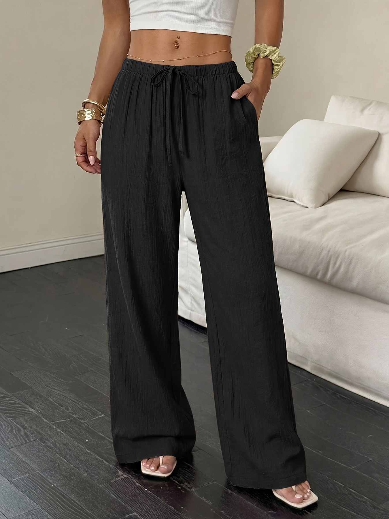 8408 Women'S Linen Palmir Pants Classic Summer Wide Leg Beach Pants with Pockets Casual Solid Color Soft Elastic High Waist Casual Pants Travel Vacation Bottoms Dating Brunch Home Work Streetwear Outer Wear - Image 9
