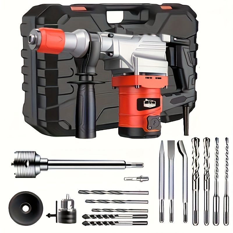 110V Heavy Duty Electric Hammer Drill Wired Electric Drill Industrial Grade Wall Removal Tool, Multi-Function Electric Hammer Impact Drill Rotary Hammer Drill for Concrete - Including Drill Chuck, Drill Bit, Flat Chisel, Pointed Chisel - Image 7