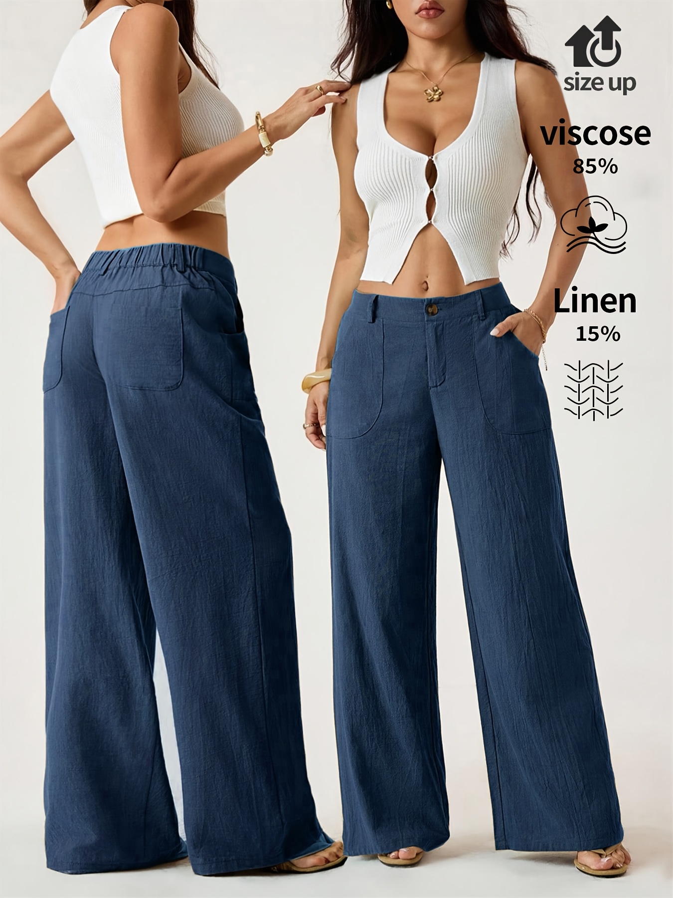 High Waist Linen Straight Leg Pants, Women's Summer Airy Wide Leg Trousers with Elastic Back & Big Pockets, Work Casual - Image 3