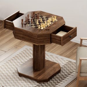 SOGES 2-Drawer Chess And Checkers Game Board Table, Combo Table For Chess And Checkers, Family Board Game Chess Table, Walnut Color