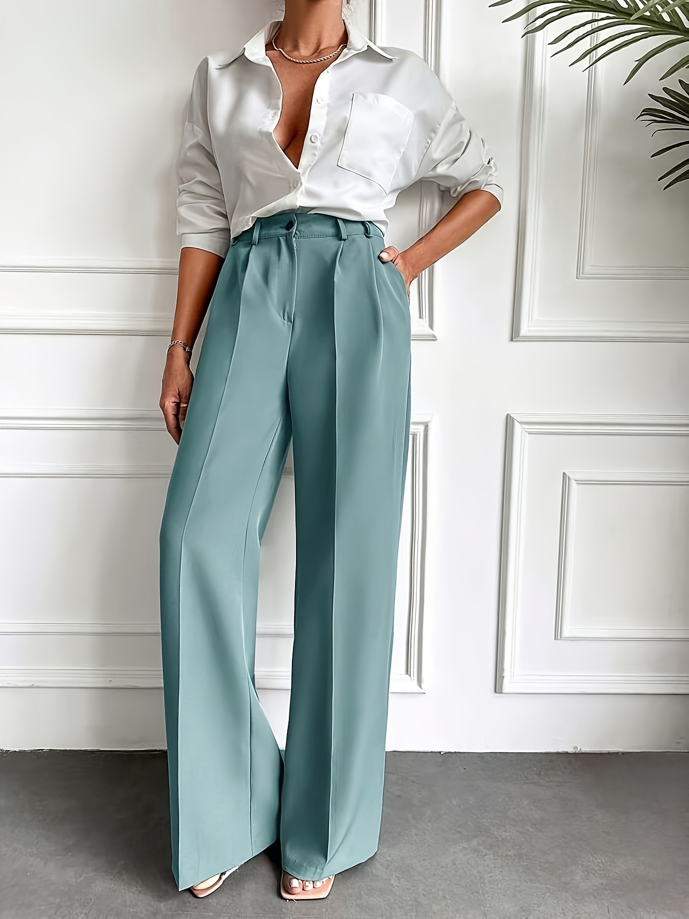 Women's Elegant Wide-Leg Dress Pants with Slant Pocket - Solid Color Suit Trousers, Machine Washable Blazer-Compatible for, Office & Semi-Formal Wear | Year-Round Professional Attire (No Stretch) - Image 2