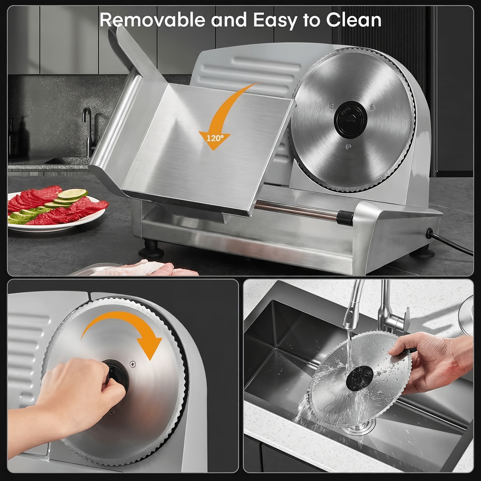 250W Electric Food Slicer For Home, Stainless Steel Meat Cutter With 3 Blades & 0-15mm Adjustable Thickness - Perfect For Deli Meat, Bread, Cheese, Fruit & Vegetable - Image 3