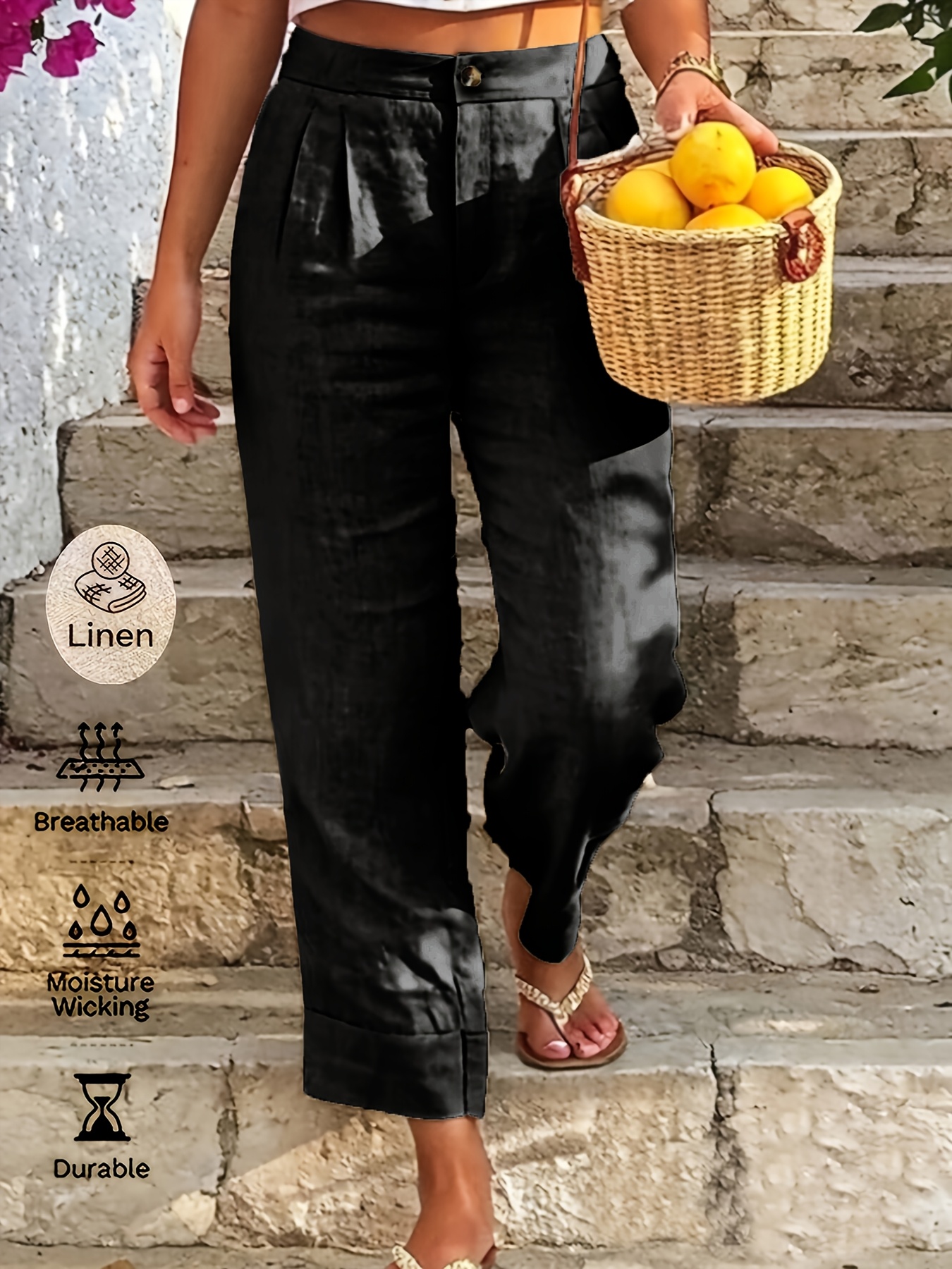 Women's Solid Color Pleated Casual Linen Capri Pants, Women's Casual Vacation Style Comfortable Linen Trousers - Image 2