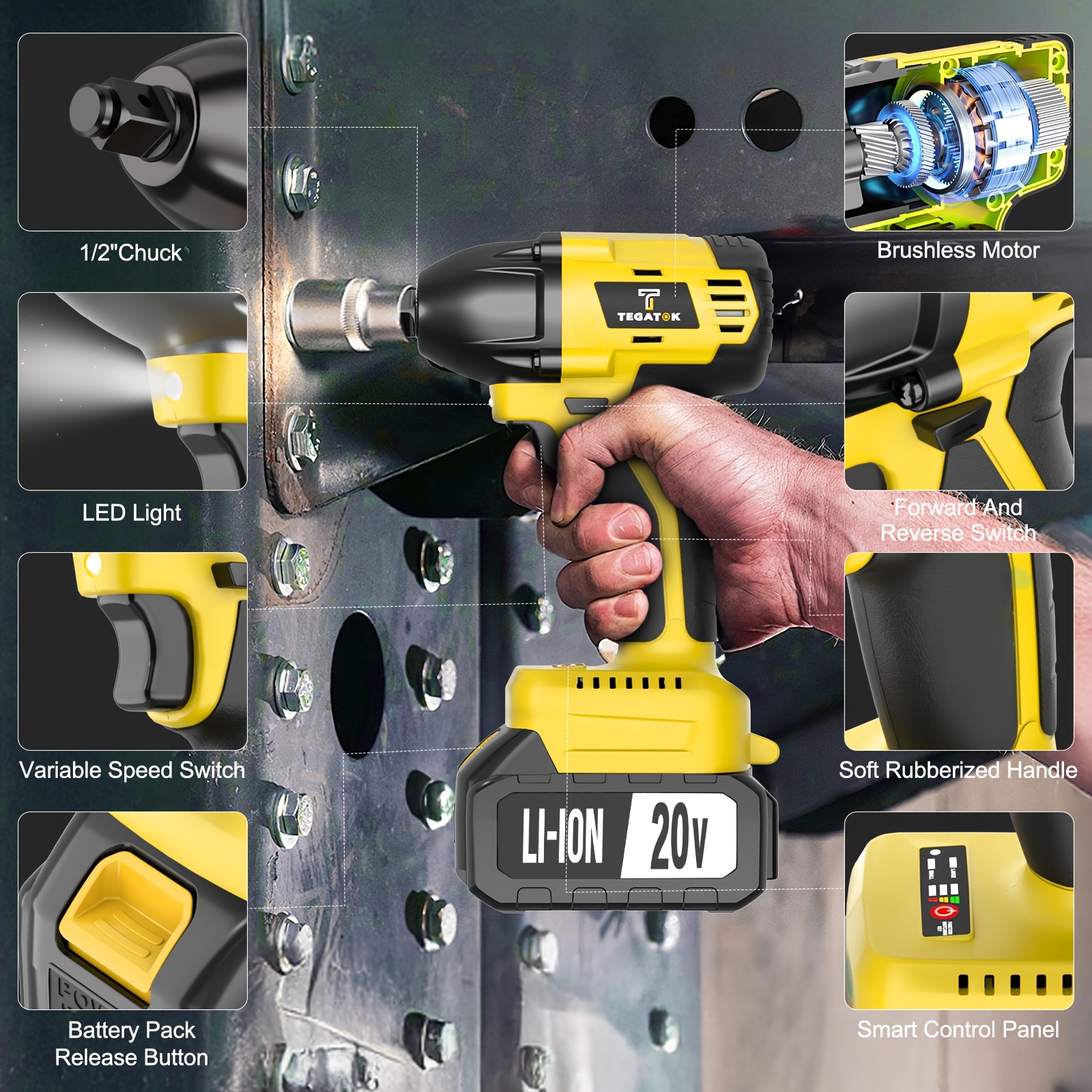 All-in-One 20V Brushless Power Tool Kit For Home - 4 Cordless Tools With 3 Batteries, Impact Wrench & Hammer Drill, Angle Grinder, Electric Drill, Combo For Renovation - Image 7