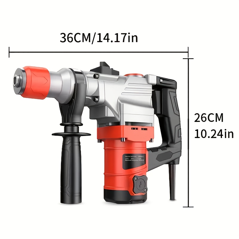 110V Heavy Duty Electric Hammer Drill Wired Electric Drill Industrial Grade Wall Removal Tool, Multi-Function Electric Hammer Impact Drill Rotary Hammer Drill for Concrete - Including Drill Chuck, Drill Bit, Flat Chisel, Pointed Chisel - Image 2