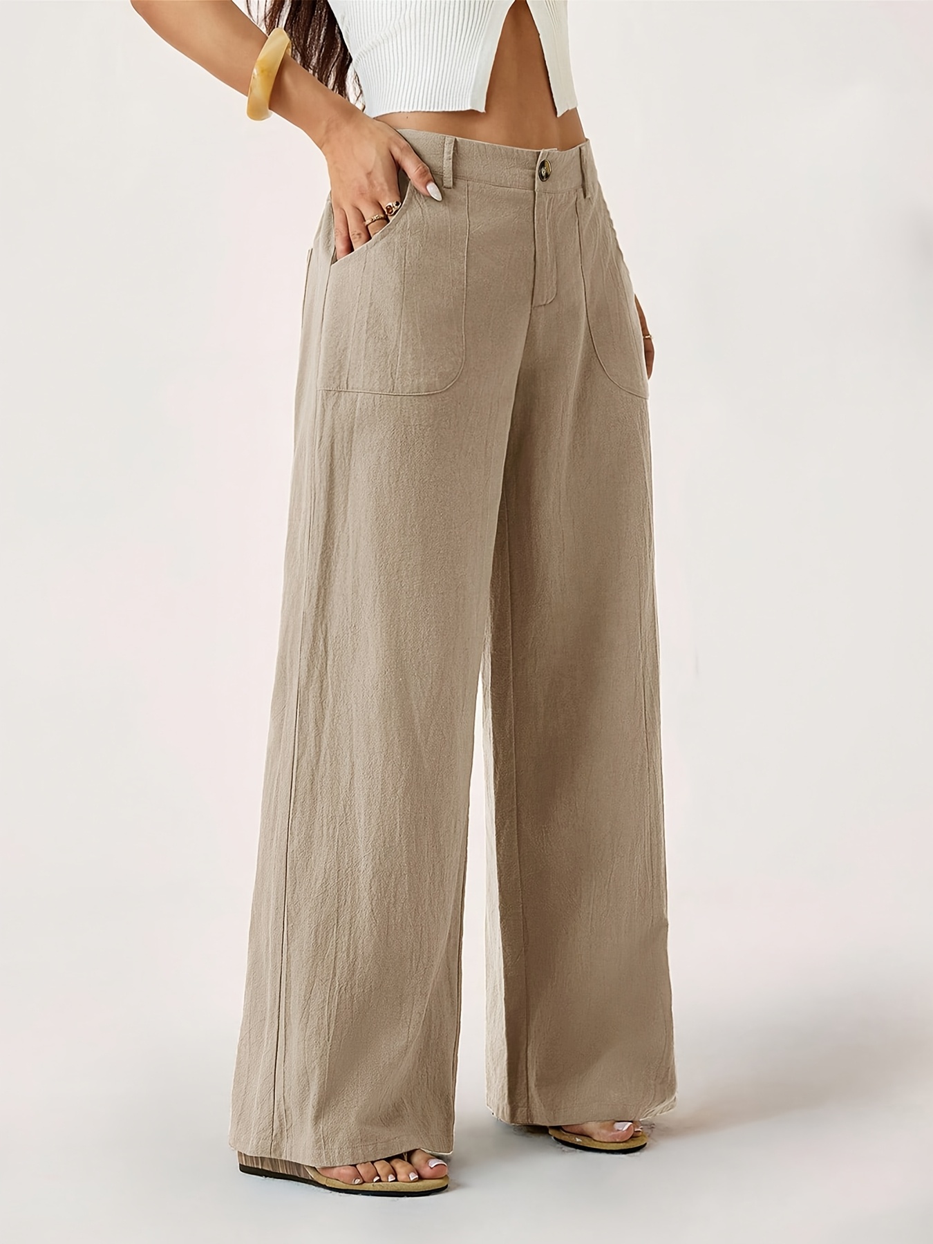 High Waist Linen Straight Leg Pants, Women's Summer Airy Wide Leg Trousers with Elastic Back & Big Pockets, Work Casual - Image 7