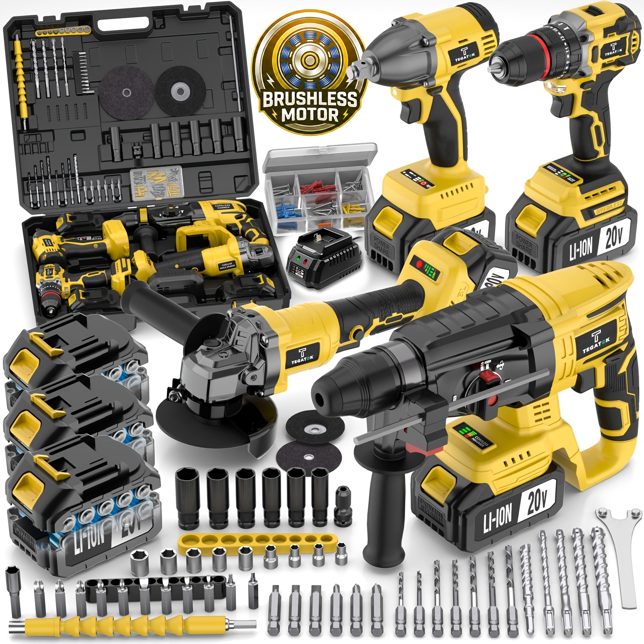 All-in-One 20V Brushless Power Tool Kit For Home - 4 Cordless Tools With 3 Batteries, Impact Wrench & Hammer Drill, Angle Grinder, Electric Drill, Combo For Renovation