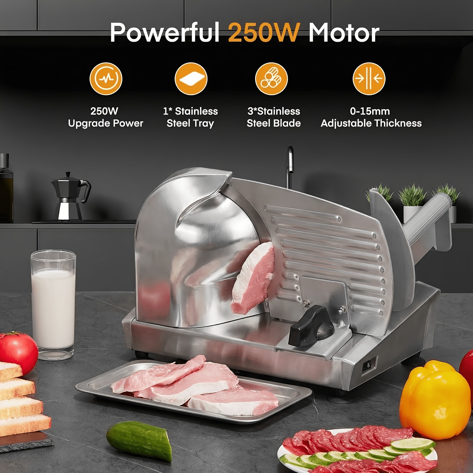 250W Electric Food Slicer For Home, Stainless Steel Meat Cutter With 3 Blades & 0-15mm Adjustable Thickness - Perfect For Deli Meat, Bread, Cheese, Fruit & Vegetable - Image 2