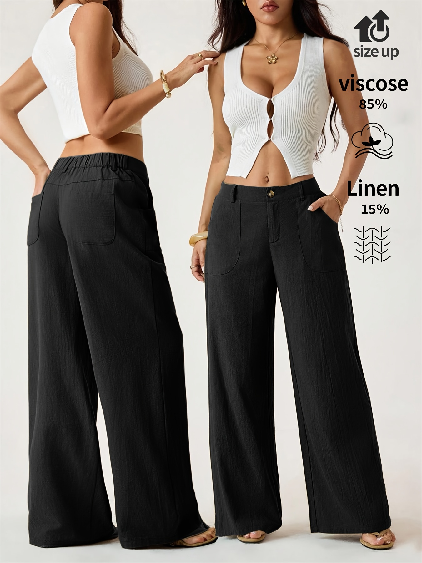 High Waist Linen Straight Leg Pants, Women's Summer Airy Wide Leg Trousers with Elastic Back & Big Pockets, Work Casual - Image 4