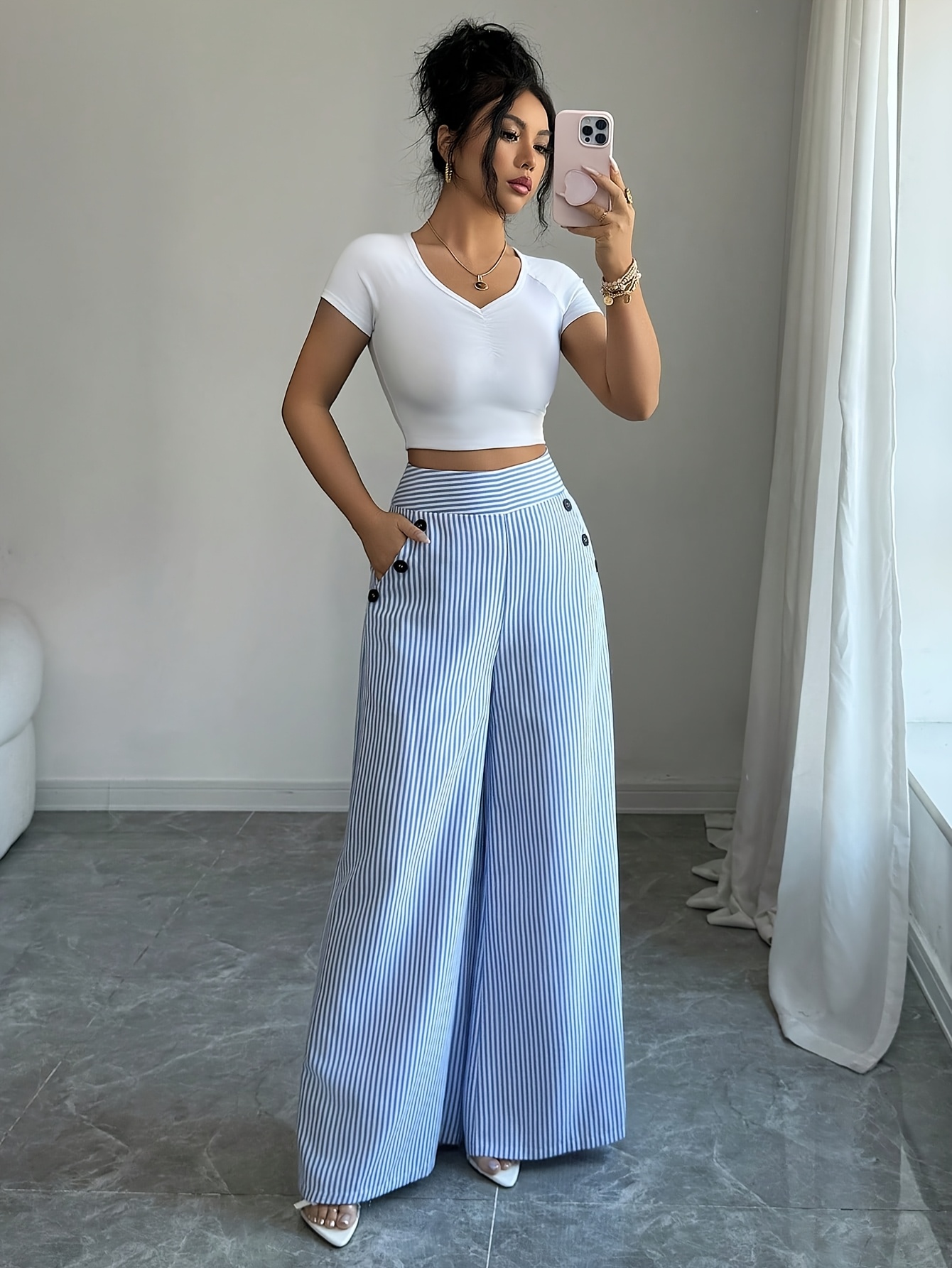 Women's Korean-Style High-Waist Wide-Leg Trousers - Blue & White Striped Straight-Leg Pants with Button Pocket Design, Loose Fit Suitable for Commuting, Casual, Formal Wear, All-Season Machine Washable Elegant Pants - Image 5
