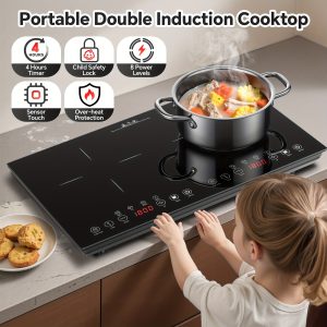 Portable Induction Cooktop 2 Burners, 1800W Double Induction Cooker with 8 Power Settings, 4 Pre-Set Modes, Ultra Thin Design, Sensor Touch Control, Child Safety Lock & Timer, Kitchen Electric Cooktop