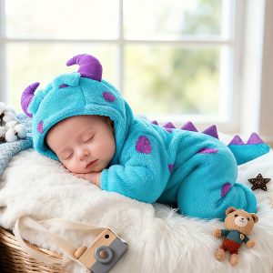 Cute Plush Onesie for Baby Girls with Footed Design, Perfect for Autumn And Winter, Featuring a Cartoon Monster Theme Inspired by Sulley for Warmth And Comfort, for Outdoor