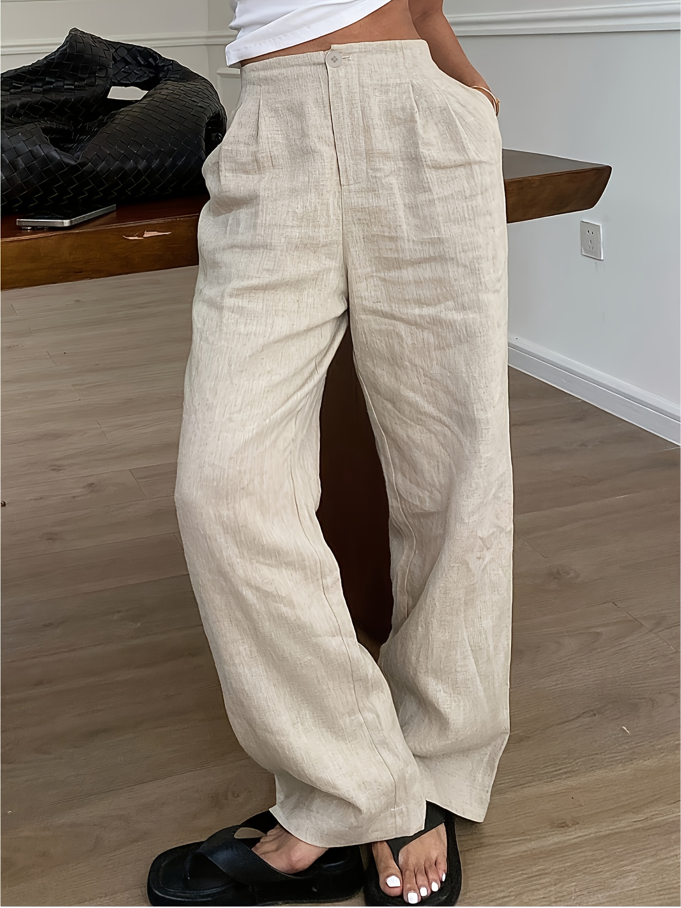 2026 Spring/Summer New Vacation Style Women's High-Waisted Pants / Business Casual Vacation Wide-Leg Pants, Loose Fit Summer New Linen LL168