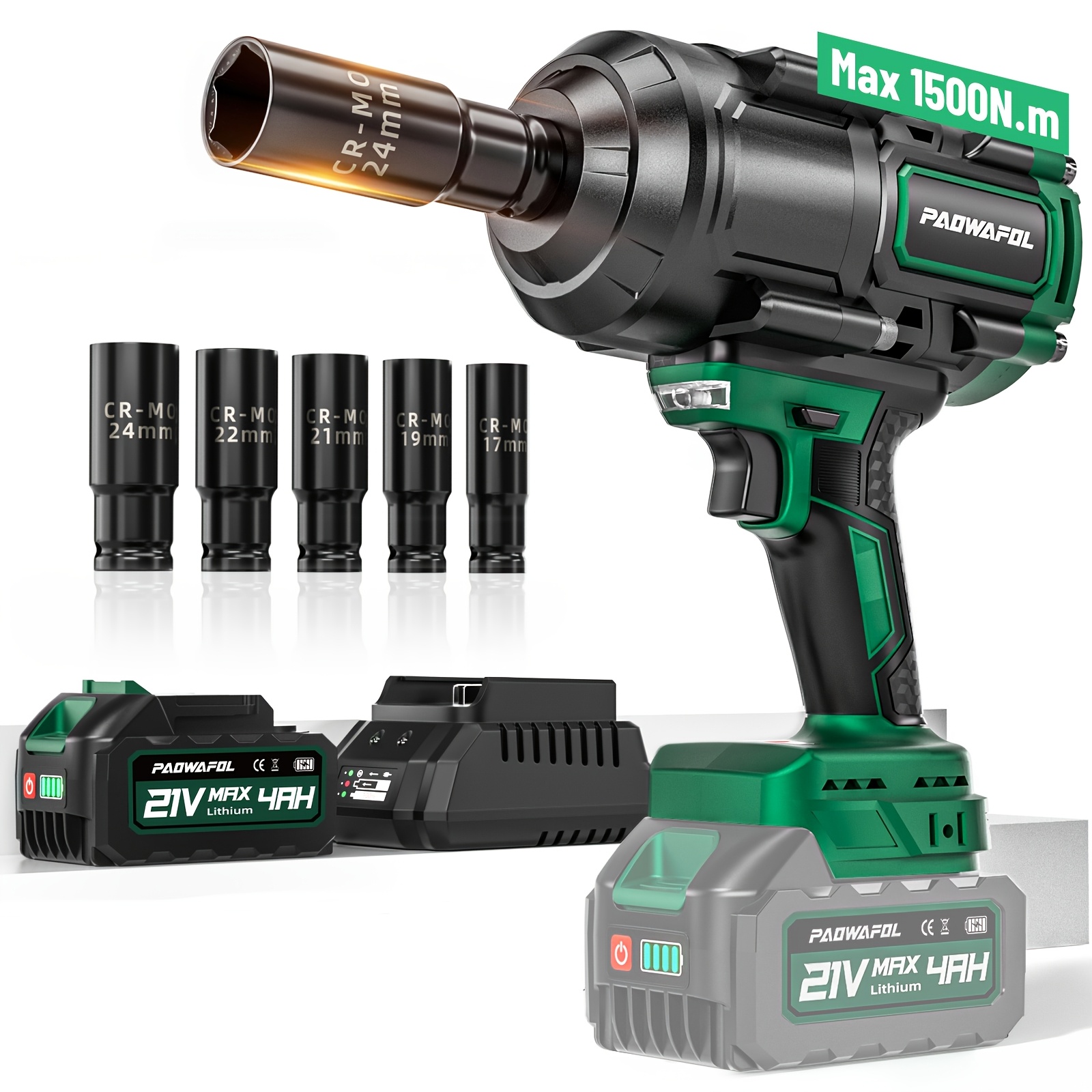 Cordless Impact Wrench | 21V Brushless 1500Nm High Torque (1/2" Drive + 2*4.0AH Batteries + Fast Charger) | for Home Users/Auto Mechanics Car/Truck Tire Removal & Installation | with 5 Sockets + Carry Case Durable & Portable - Image 5