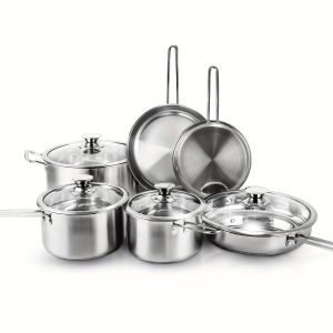 10 Pieces Stainless Steel Pots And Pans Set - Kitchen Cookware Sets, Induction Compatible - For All Stovetops - Suitable for Everyday Cooking - Ideal Gift for New Homeowners & Cooking Enthusiasts