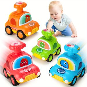 Push & Go Dinosaur Taxi Car - Manual Pull-Back Friction Motorized Toy Vehicle, No Batteries Needed, for Toddlers & Kids Ages 18 Months+, Birthday/Christmas/Easter Gift (Red, Green, Blue, Yellow,) - Develops Motor Skills & Coordination, Toddler Play Cars, Dinosaurthemed Cars, Nonelectric Cars