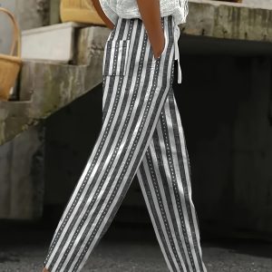 Fashionable and Trendy Women's Digital Print Ankle Pants with Elastic Waistband, Pockets, for Outings, Leisure, Vacations, Commuting, and Home Wear