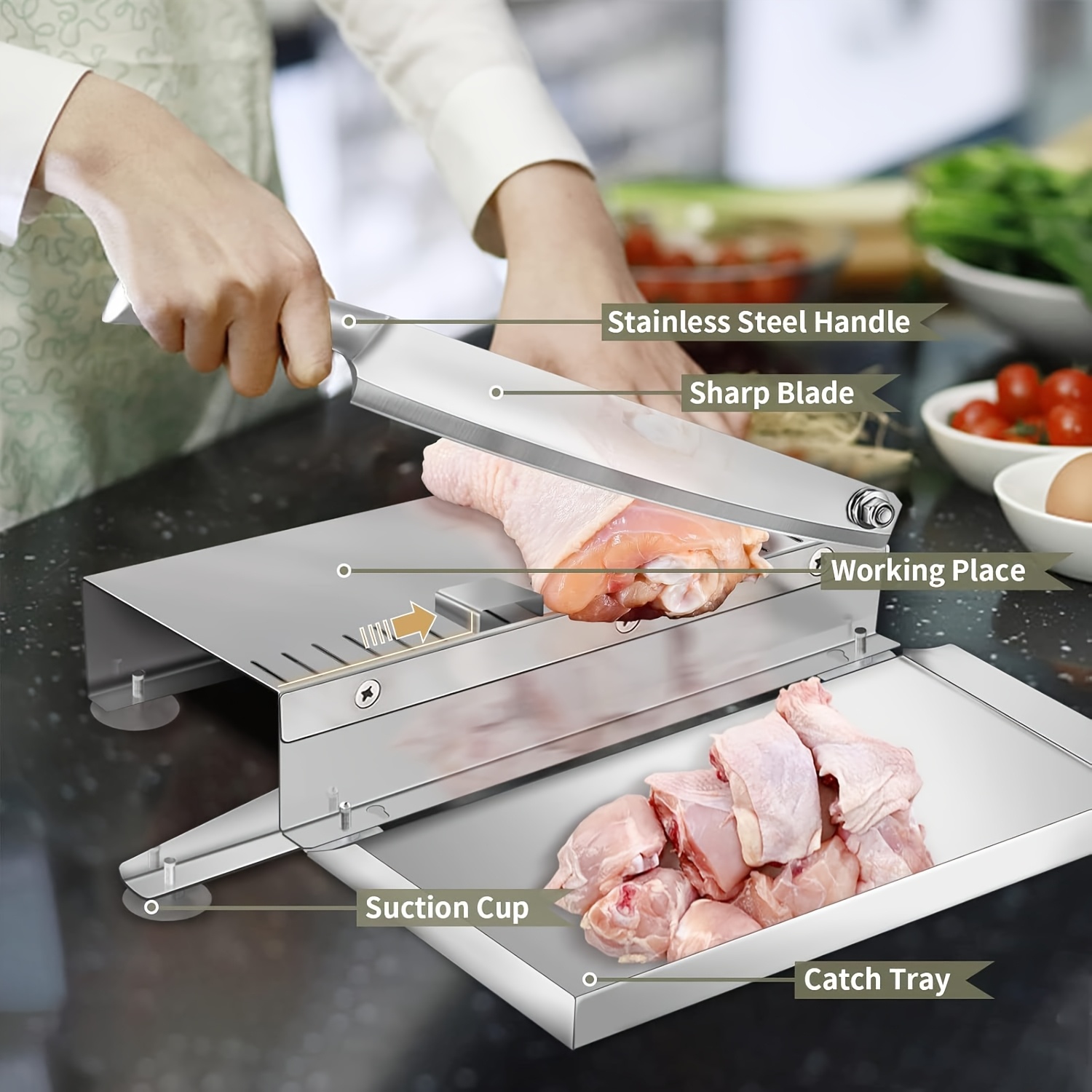 Easy Clean Stainless Steel Manual Meat Slicer and Bone Cutter - Non-Slip Base, Adjustable Blade, Rectangular Blade, Adjustable Thickness, Easily Cut Frozen Beef, Chops, Fruits and Vegetables - for Home Kitchens and Delis, Meat Grinder, Kitchen Gadget - Image 8