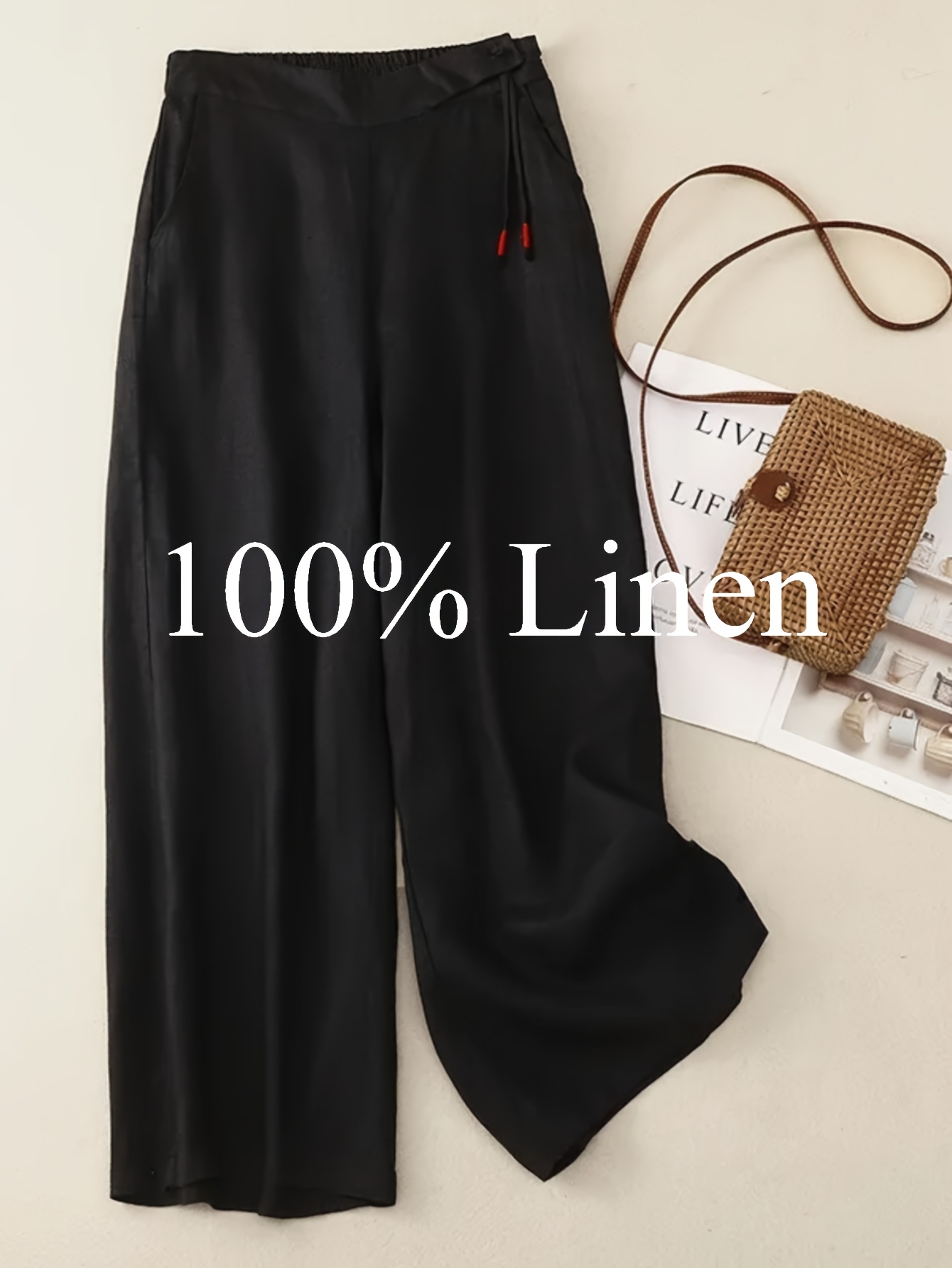 1pc of 100% Pure Linen Women's Wide-leg Pants, Elastic Belt Drawstring Loose Design, Breathable Sagging Design, Suitable for Summer Commuting - Image 4