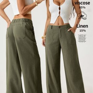Linen Wide Leg Pants Women's High Waisted Summer Trousers, French Vintage Breathable Loose Casual Pants for Vacation