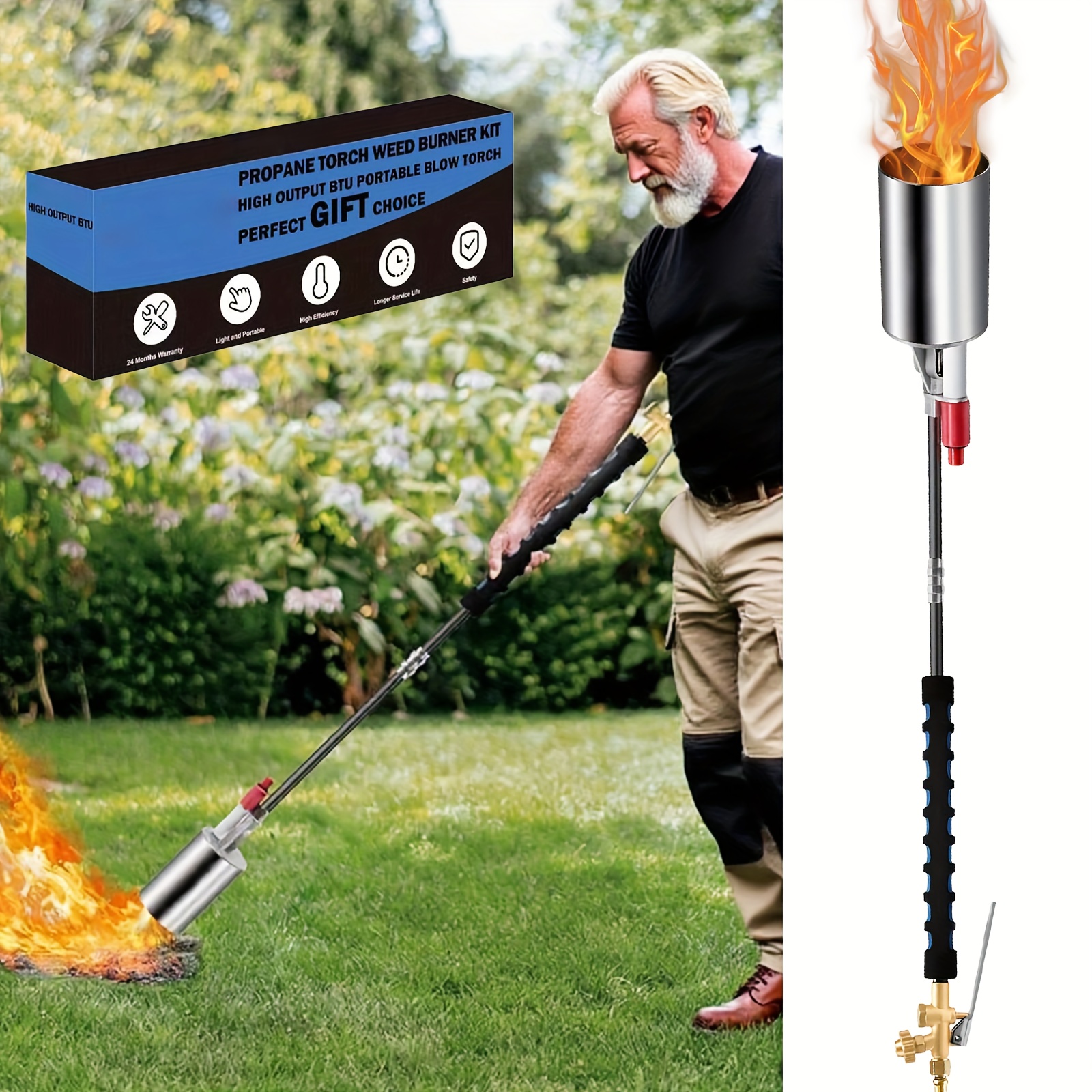 10ft Propane Weed Torch Kit, High-Output Professional Flamethrower for Weeding Roofing Ice Snow, Heavy Duty Blow Torch with Self Igniter And Long Hose, Perfect Father's Day Gift