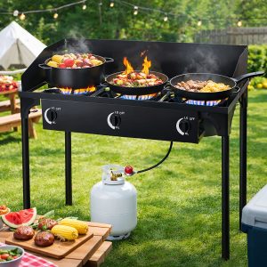 Cast Iron Outdoor Gas Stove | Portable Propane Cooktop with Blue Flame Control, Removable Legs, Temperature Control Knobs, Wind Panel, Hose, Regulator & Storage Carry Case