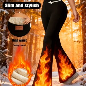 Autumn And Winter Models, Solid Color Women'S High-Waisted Thermal Pants, Plus Velvet Thickened Base Pants, Winter Plush Flared Pants, Women'S Sportswear Tight Pants