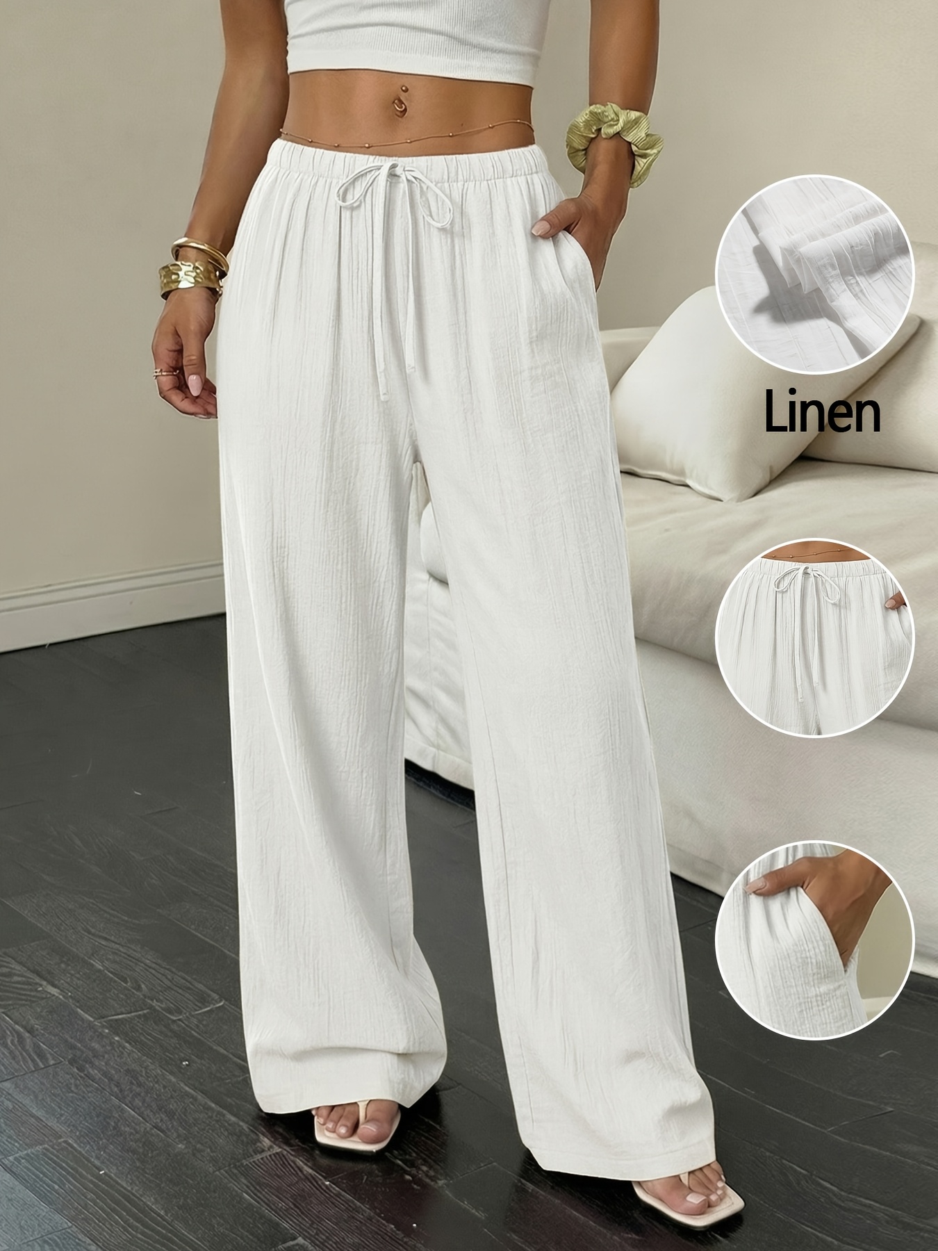 8408 Women'S Linen Palmir Pants Classic Summer Wide Leg Beach Pants with Pockets Casual Solid Color Soft Elastic High Waist Casual Pants Travel Vacation Bottoms Dating Brunch Home Work Streetwear Outer Wear - Image 8