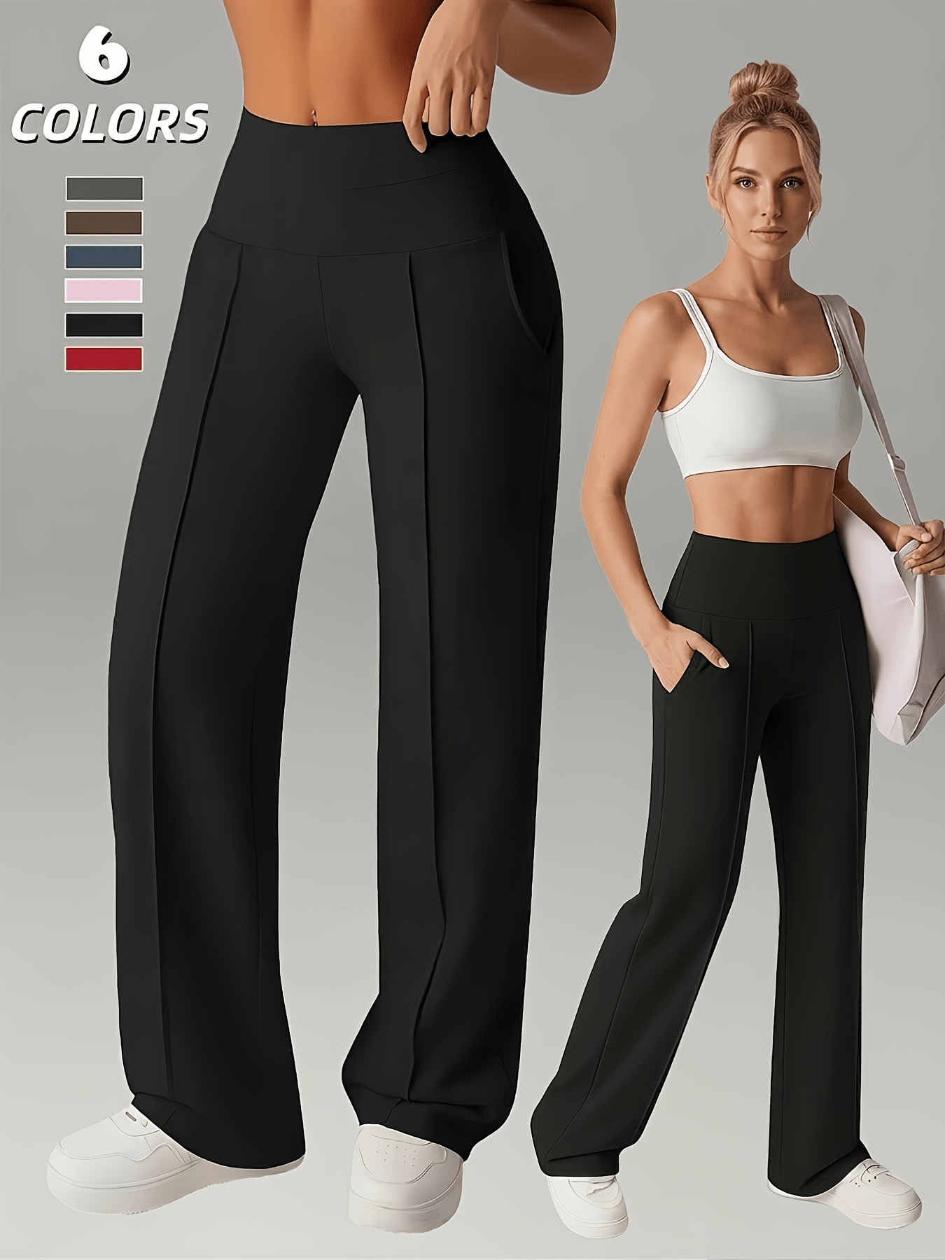 Women'S Leggings, 1pc Straight Wide-Leg Pants, Athletic Quick-Dry Yoga Pants with Pockets, Commuter-Friendly Yoga Trousers, Stretch Athletic Pants High-Waist Leggings, Slight Flared Skinny Pants - Image 2