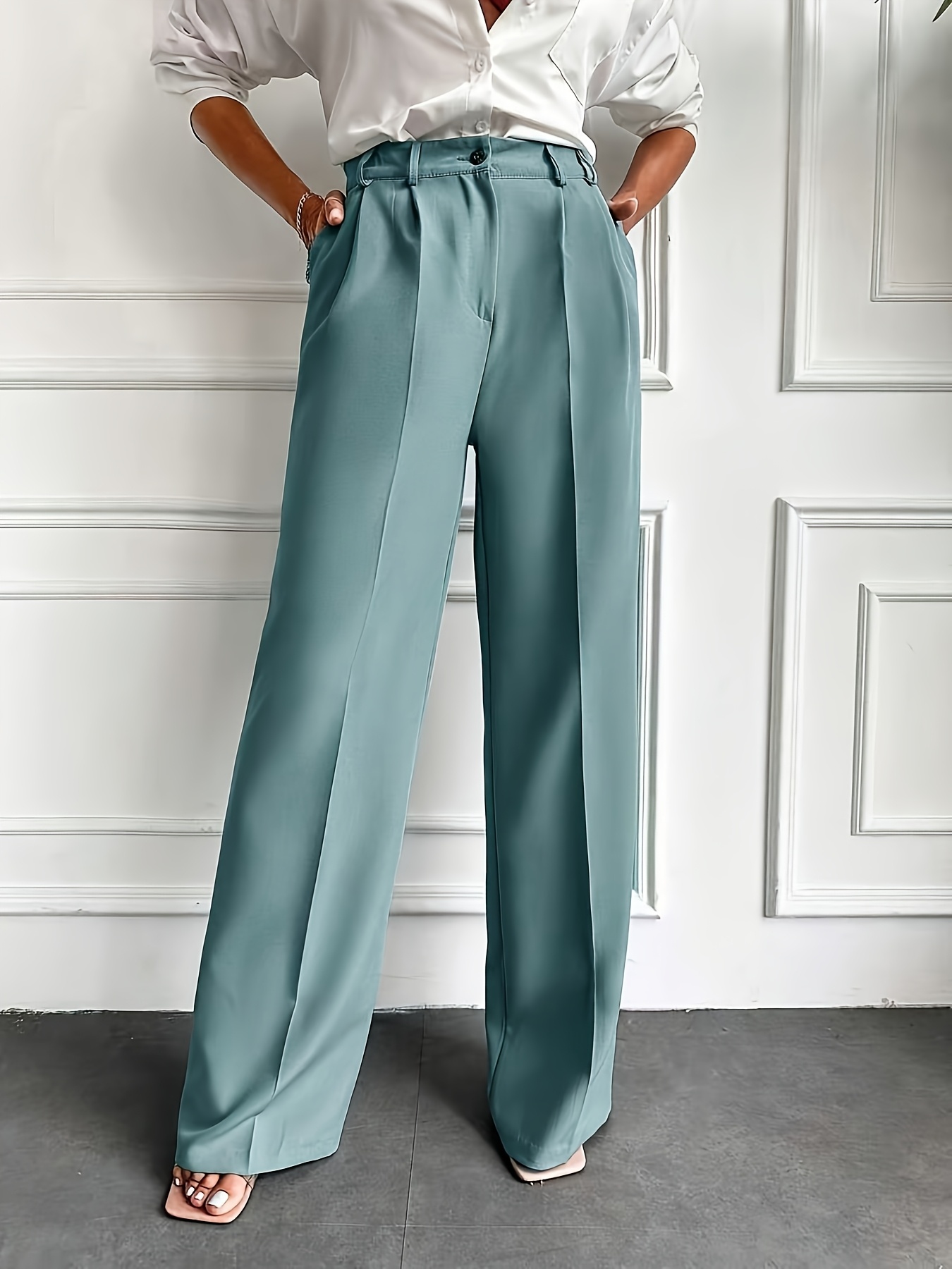 Women's Elegant Wide-Leg Dress Pants with Slant Pocket - Solid Color Suit Trousers, Machine Washable Blazer-Compatible for, Office & Semi-Formal Wear | Year-Round Professional Attire (No Stretch) - Image 5