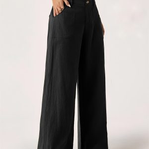 High Waist Linen Straight Leg Pants, Women's Summer Airy Wide Leg Trousers with Elastic Back & Big Pockets, Work Casual